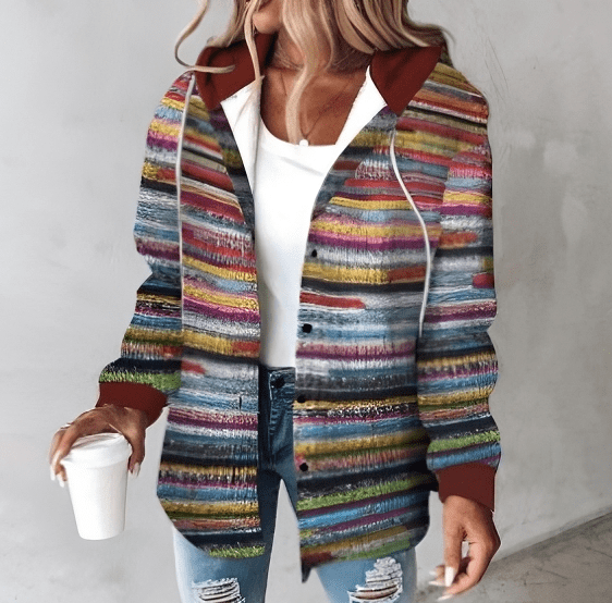 Claire – Elegante Jas Met Capuchon En Klassevolle Print