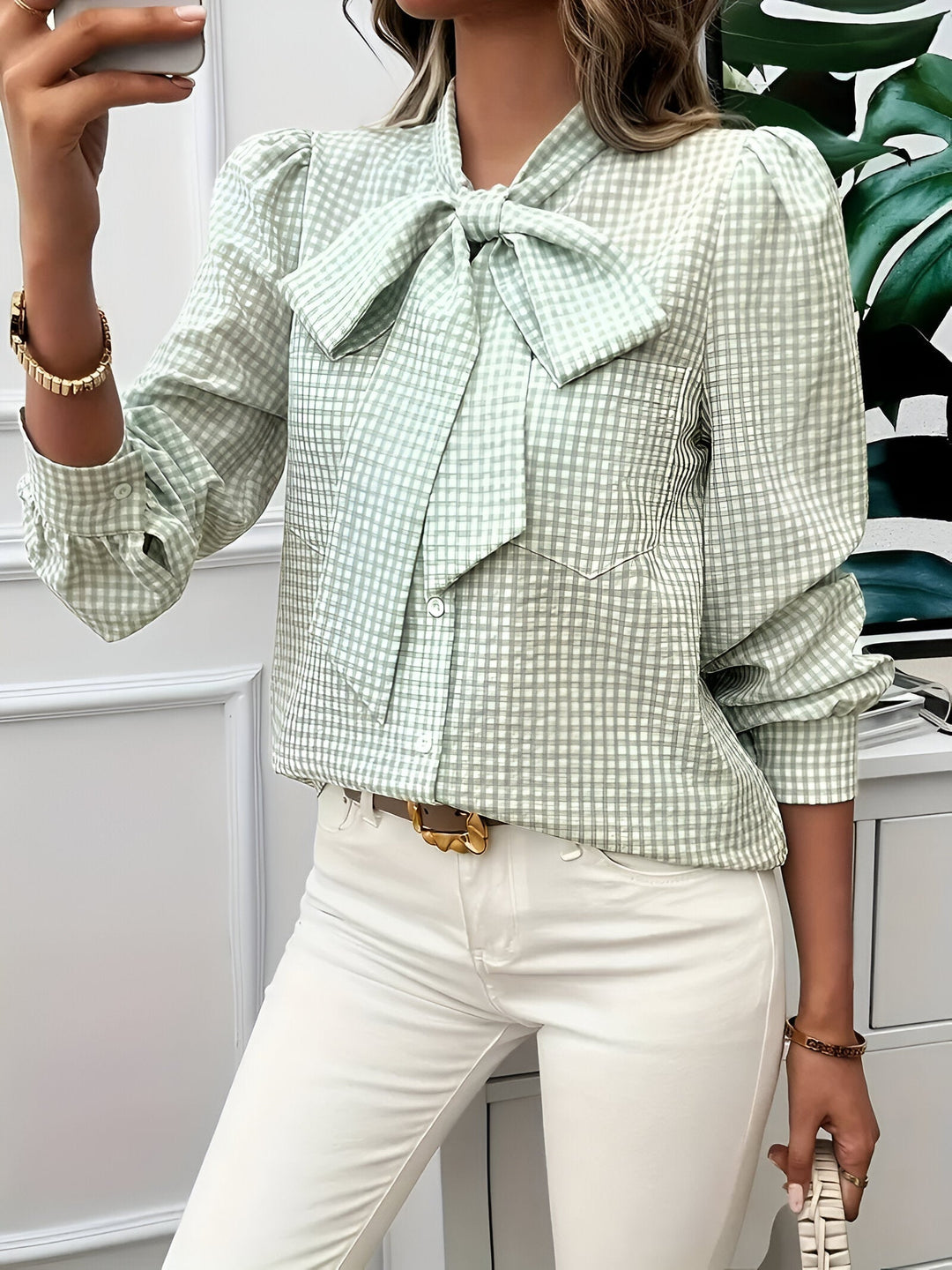 Zara - Geruite Dames Blouse met Strik