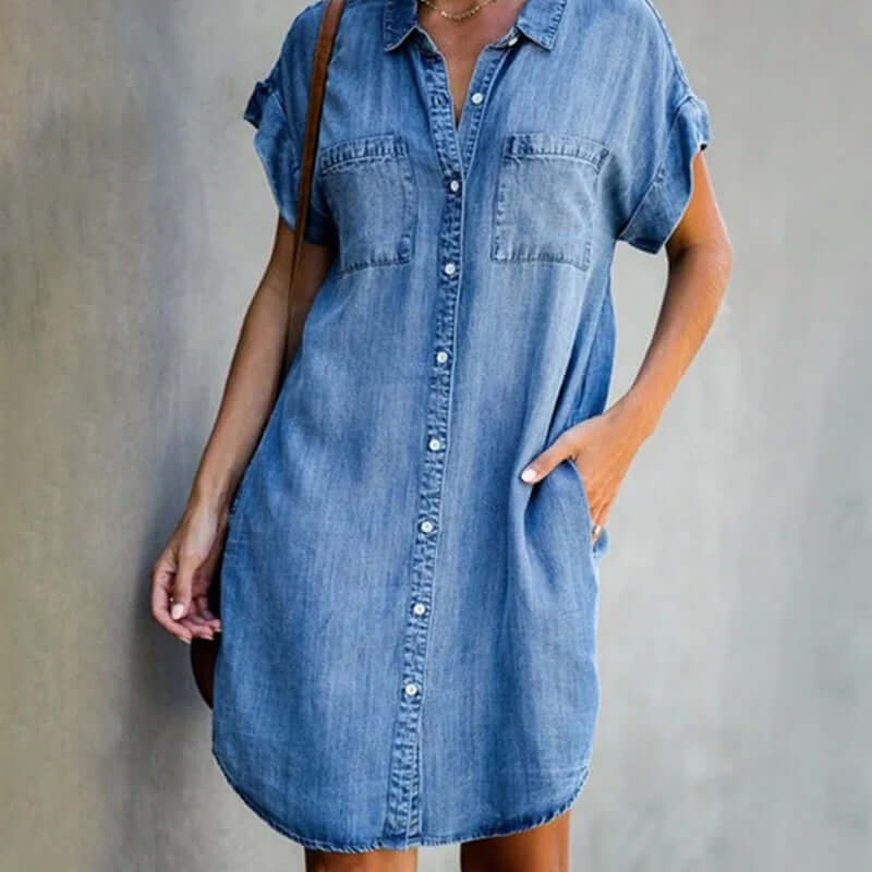 Soraya - Stijlvolle Denim Blousejurk Korte Mouw Dames