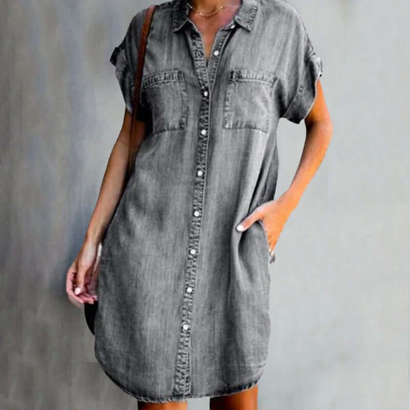 Soraya - Stijlvolle Denim Blousejurk Korte Mouw Dames