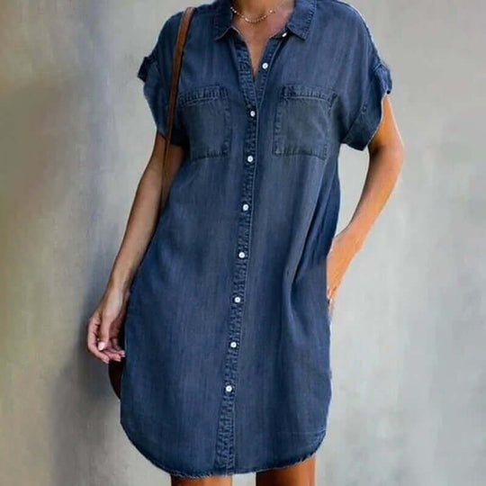 Soraya - Stijlvolle Denim Blousejurk Korte Mouw Dames