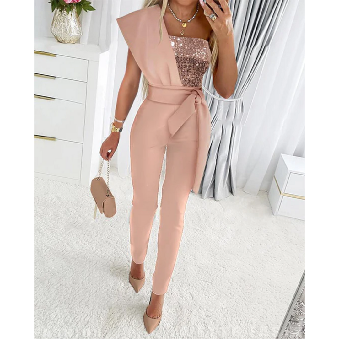 Leona - Stijlvolle Jumpsuit met Tailleband en Diepe V-Hals