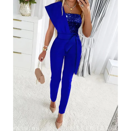 Leona - Stijlvolle Jumpsuit met Tailleband en Diepe V-Hals