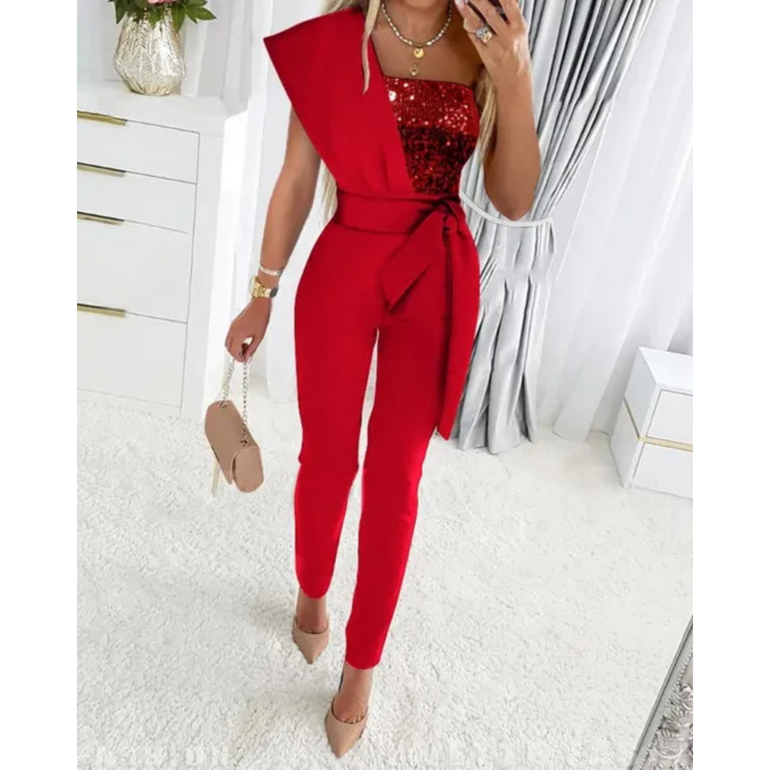 Leona - Stijlvolle Jumpsuit met Tailleband en Diepe V-Hals