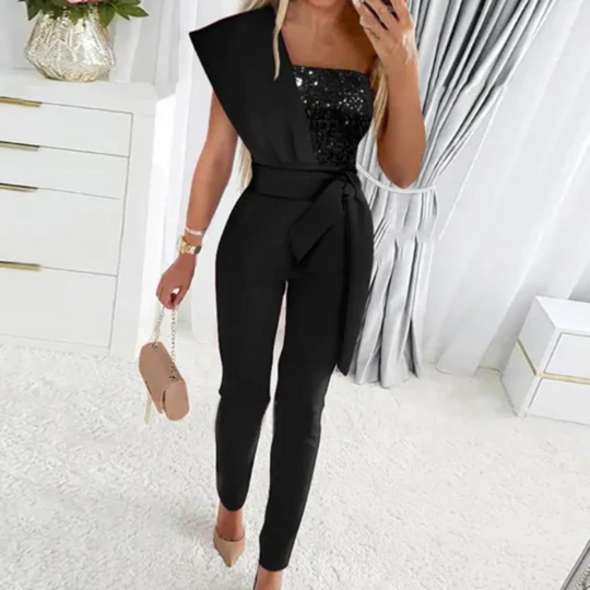 Leona - Stijlvolle Jumpsuit met Tailleband en Diepe V-Hals