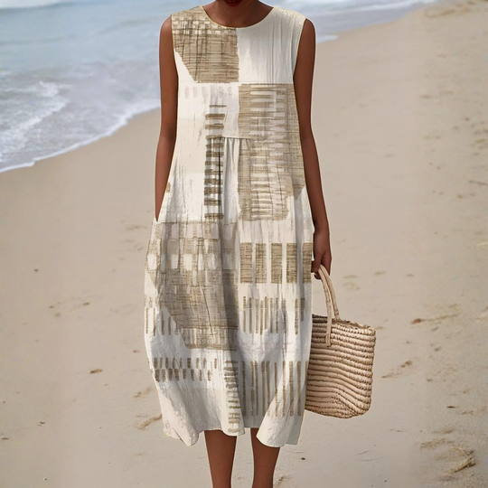 Caroline - Mouwloze Linnen Jurk met Print