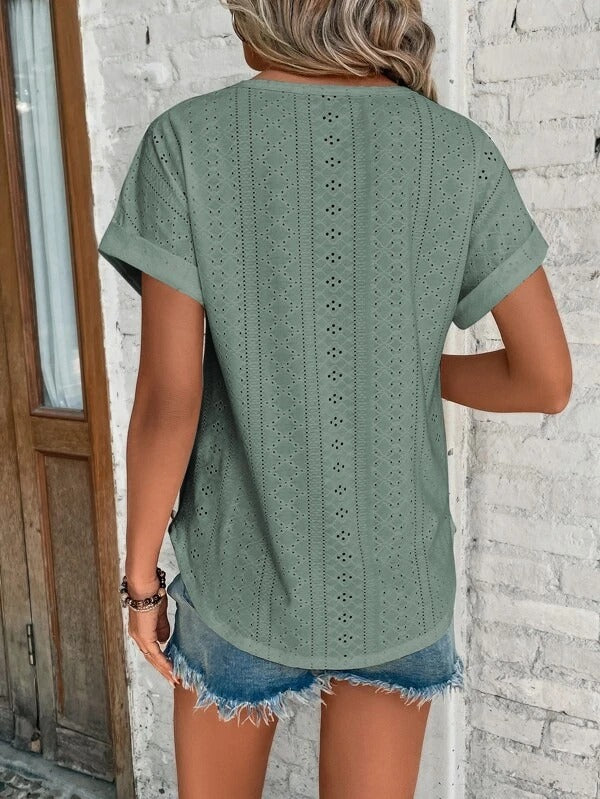 Claudette - Elegante Broderie Dames T-shirt Korte Mouw
