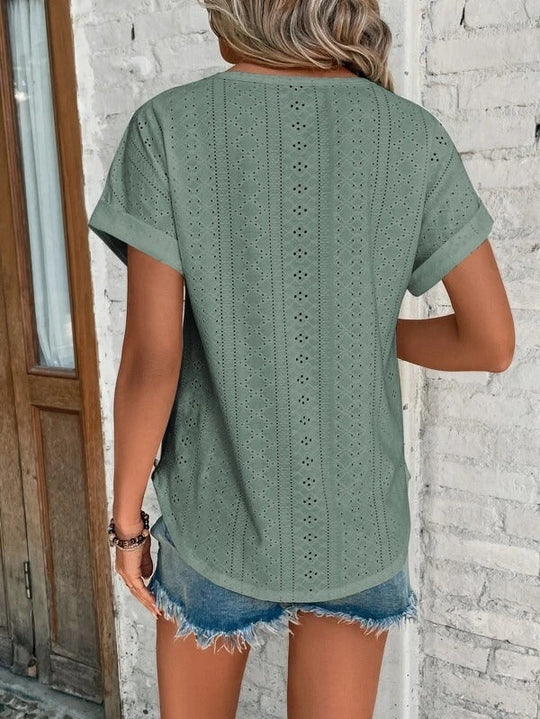 Claudette - Elegante Broderie Dames T-shirt Korte Mouw