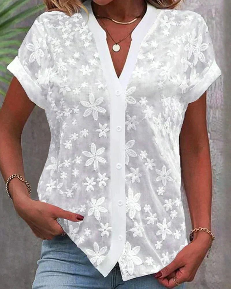 Inaya - Witte Dames Blouse met Geborduurde Bloemen