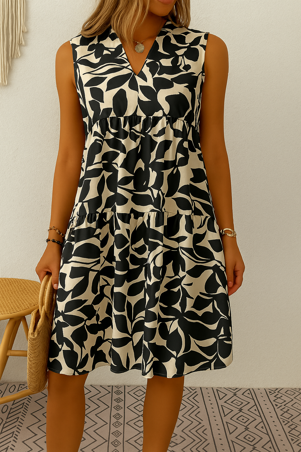 Bianca - Mouwloze Jurk met Bladprint