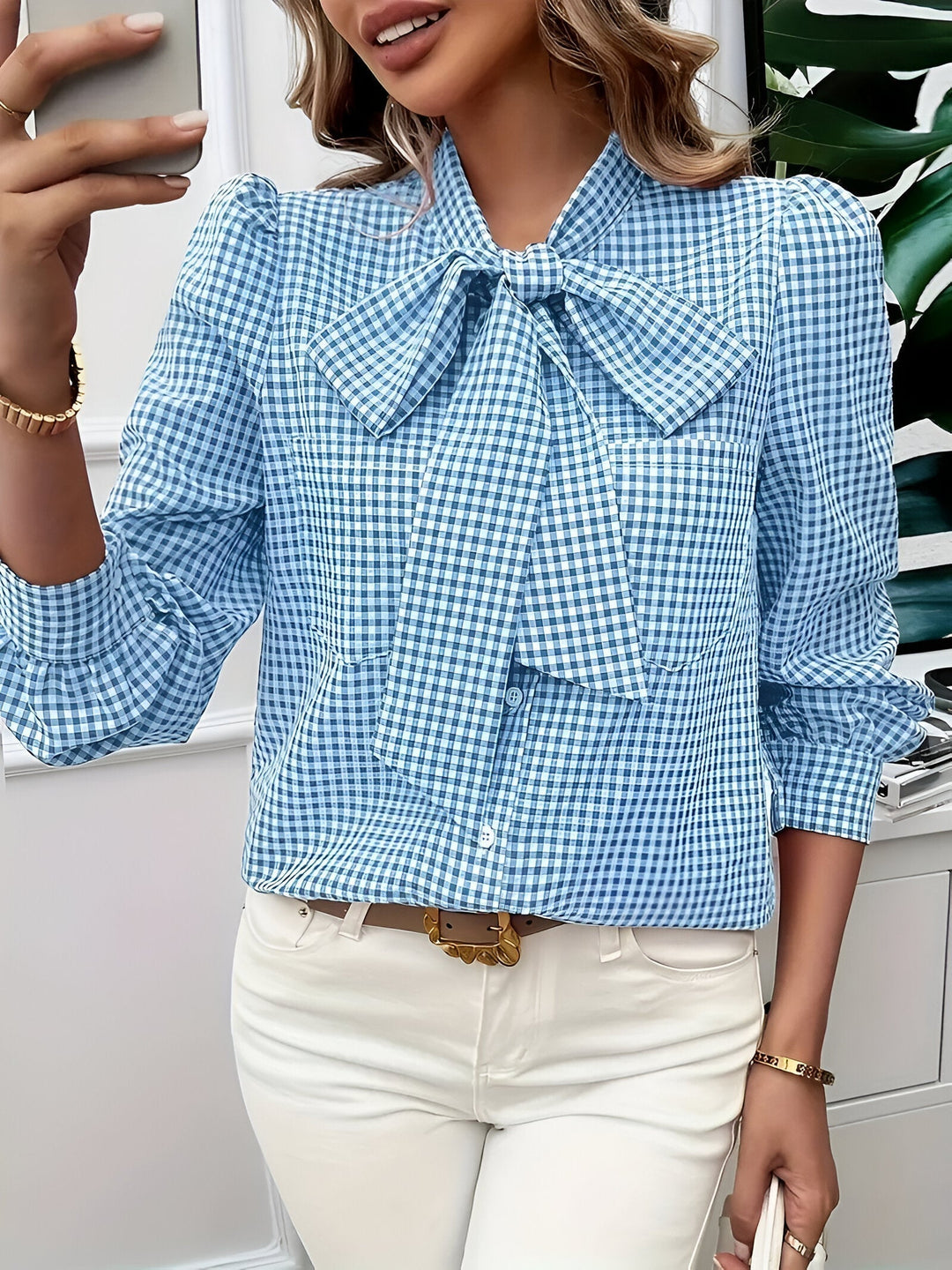 Zara - Geruite Dames Blouse met Strik