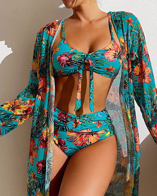 Valora - Driedelige Bikini Set met Bloemenprint en Verstelbare Bandjes