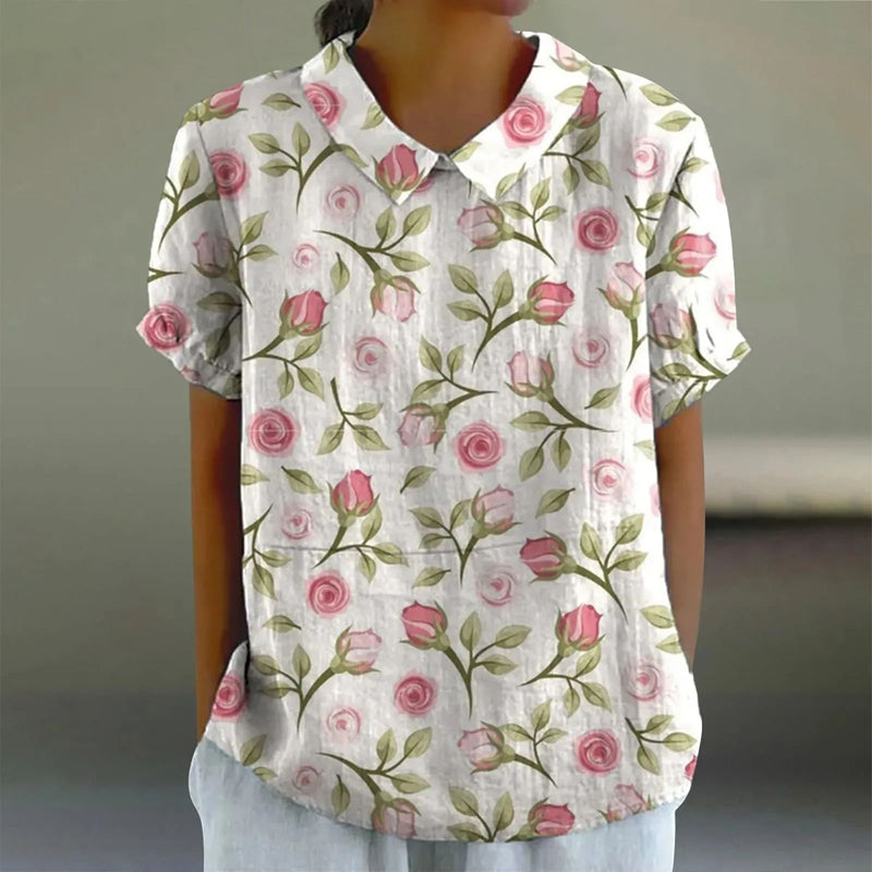 Linnen Blouse Dames Met Rozenprint Korte Mouw - Bo
