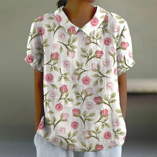 Linnen Blouse Dames Met Rozenprint Korte Mouw - Bo