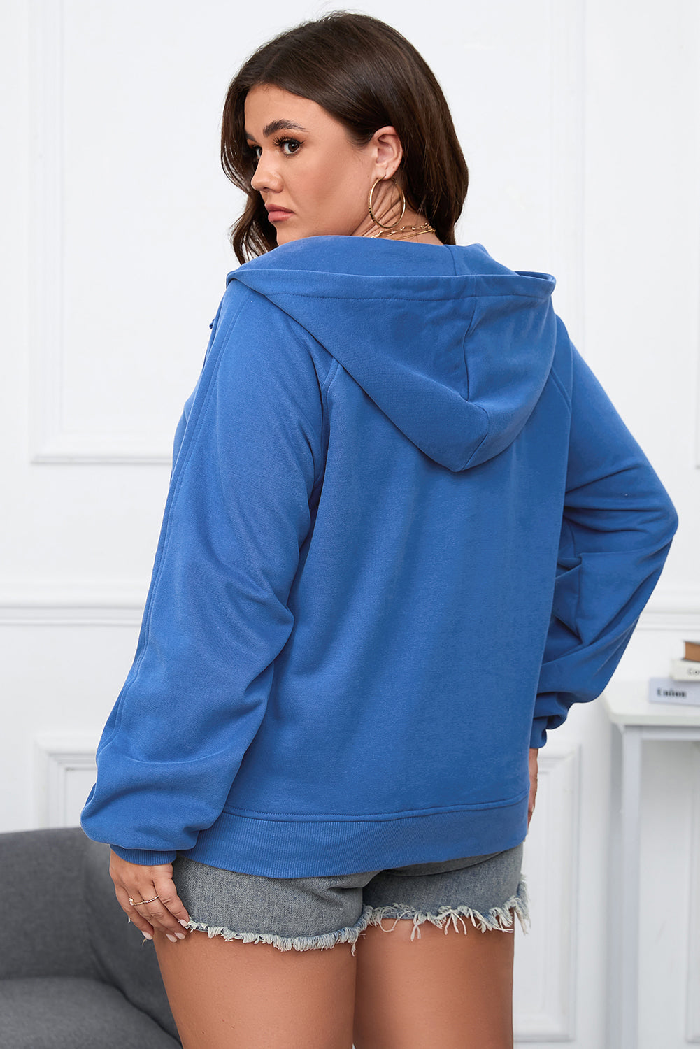 Kasper – Grote maat hoodie met rits en minerale wassing in blauw