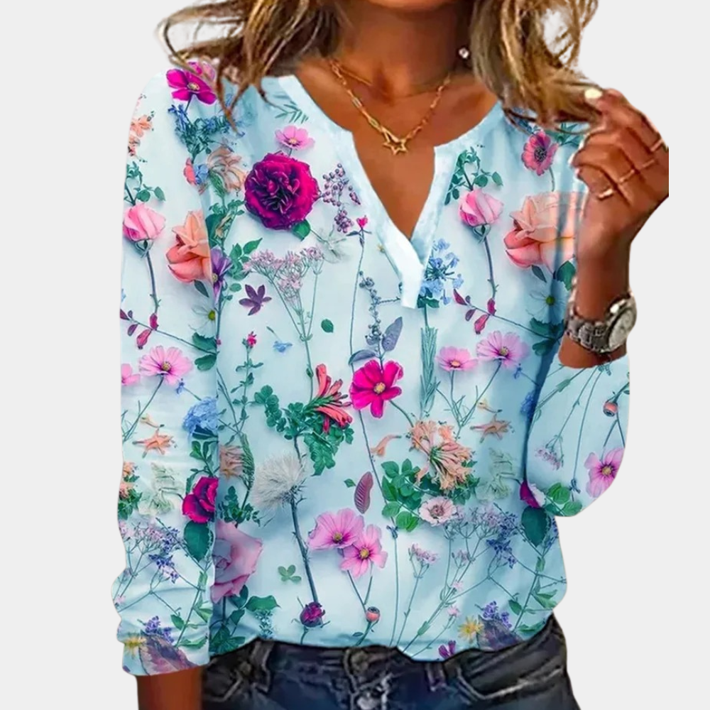 Gebloemde Blouse Dames V-Hals Lange Mouw - Rosa