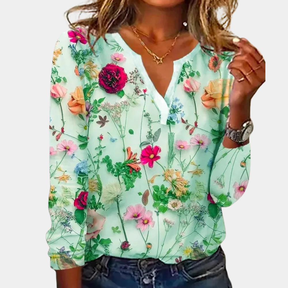 Gebloemde Blouse Dames V-Hals Lange Mouw - Rosa