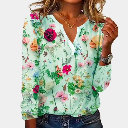 Gebloemde Blouse Dames V-Hals Lange Mouw - Rosa