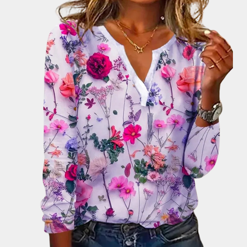 Gebloemde Blouse Dames V-Hals Lange Mouw - Rosa