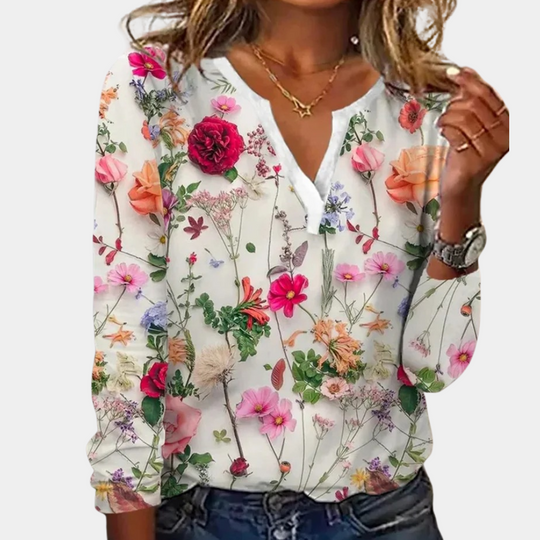 Gebloemde Blouse Dames V-Hals Lange Mouw - Rosa