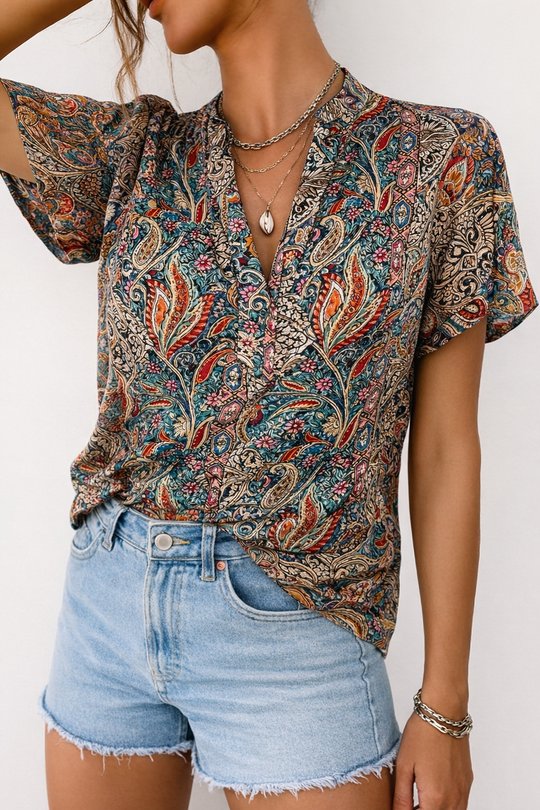 Boho Blouse Dames V-Hals Korte Mouw - Yuna