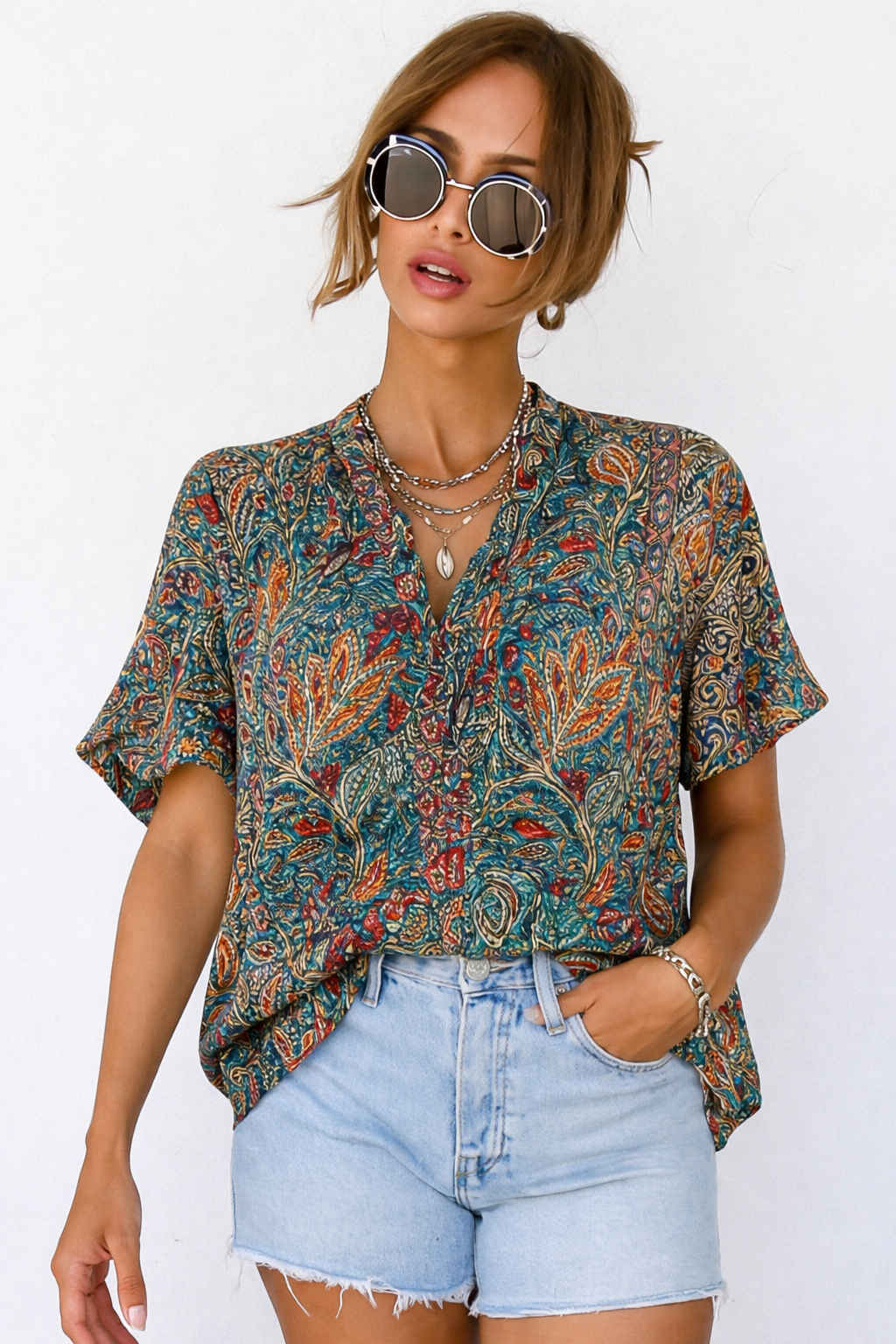 Boho Blouse Dames V-Hals Korte Mouw - Yuna