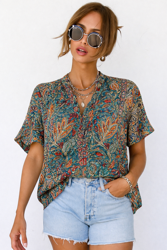 Boho Blouse Dames V-Hals Korte Mouw - Yuna