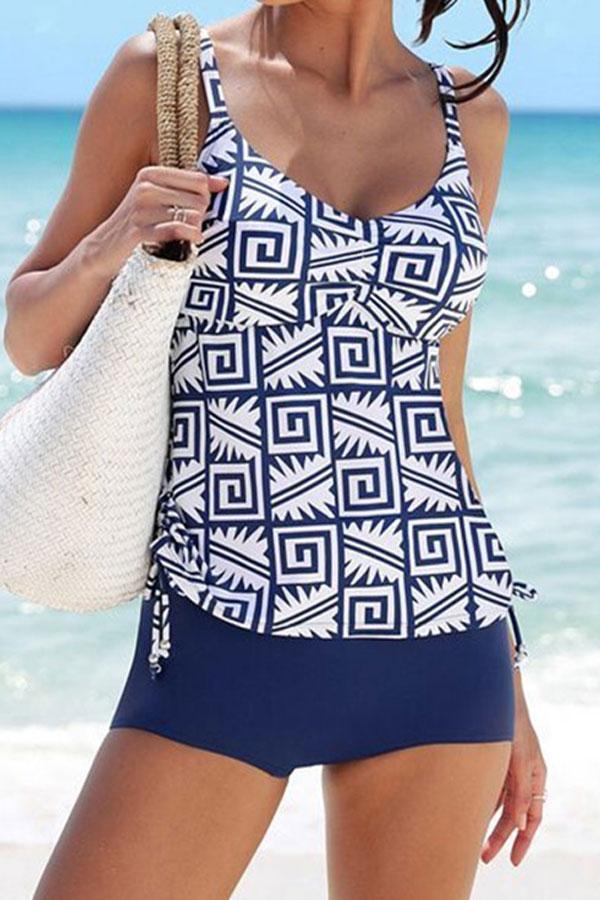 Mirelle - Blauwe Tankini met Trendy Print en Verstelbare Bandjes