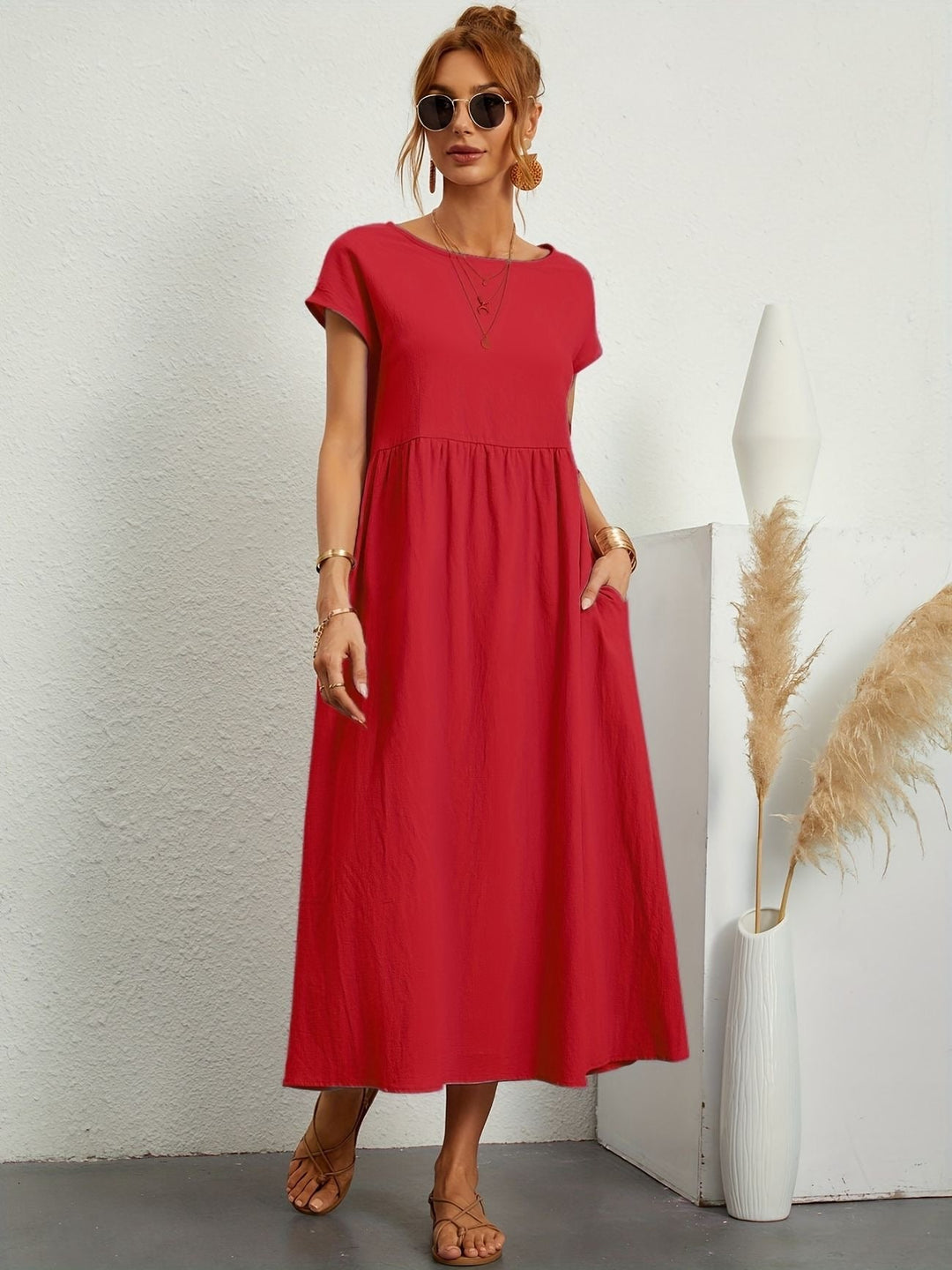 Zara - Luchtige Linnen Midi Jurk Korte Mouw Dames