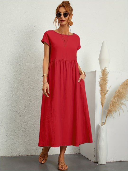 Zara - Luchtige Linnen Midi Jurk Korte Mouw Dames