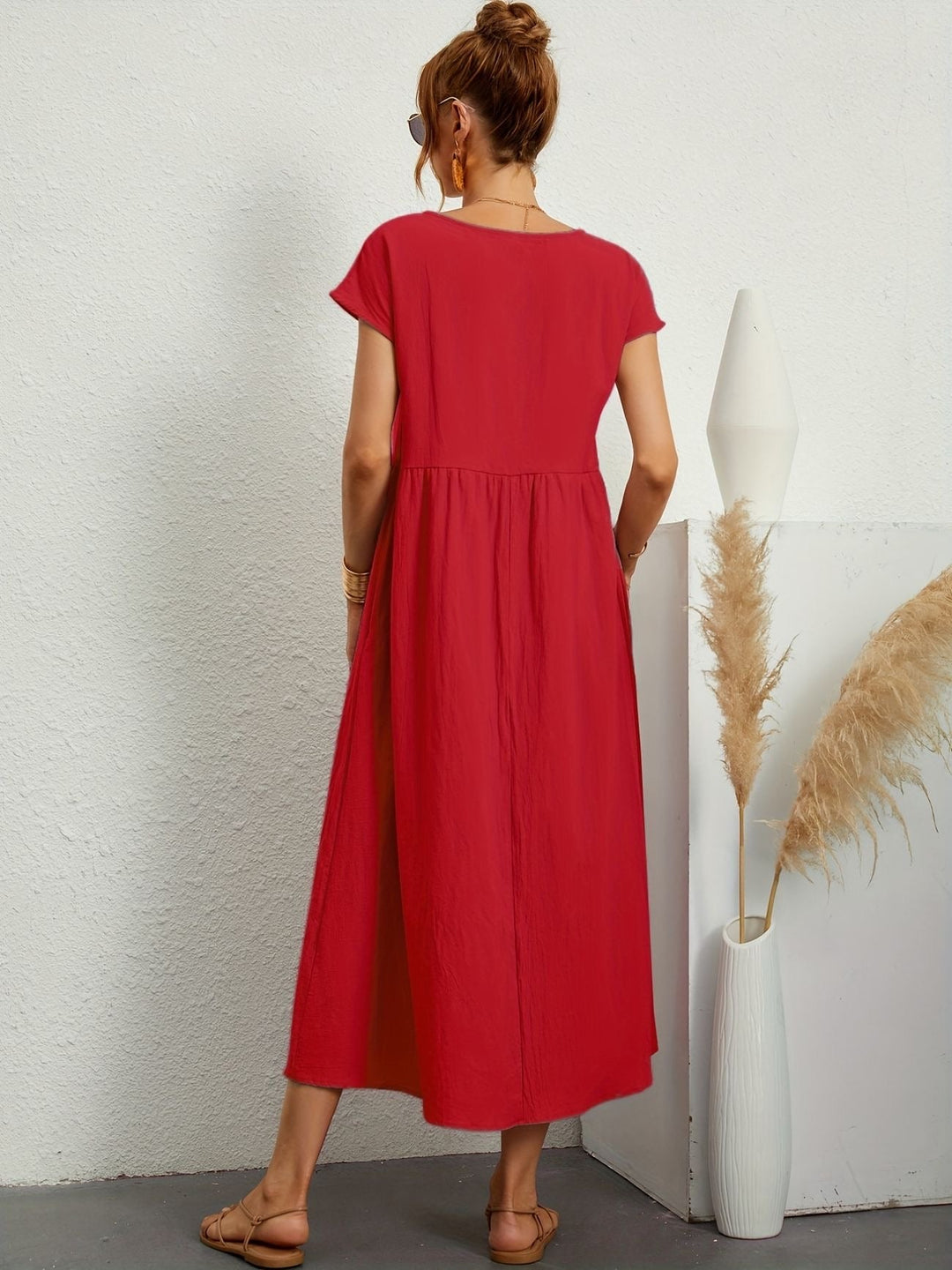 Zara - Luchtige Linnen Midi Jurk Korte Mouw Dames