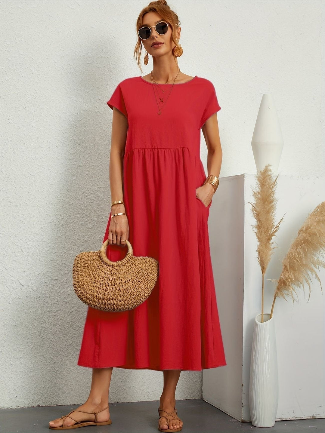 Zara - Luchtige Linnen Midi Jurk Korte Mouw Dames