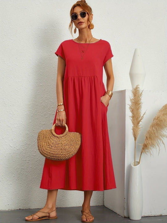 Zara - Luchtige Linnen Midi Jurk Korte Mouw Dames