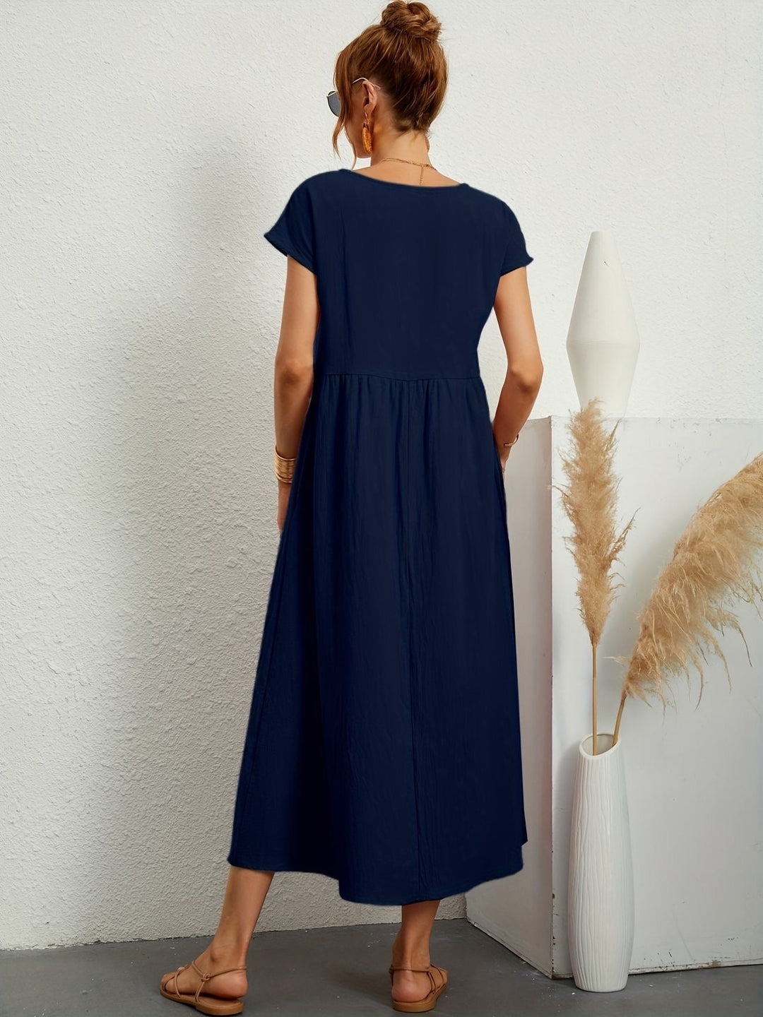 Zara - Luchtige Linnen Midi Jurk Korte Mouw Dames