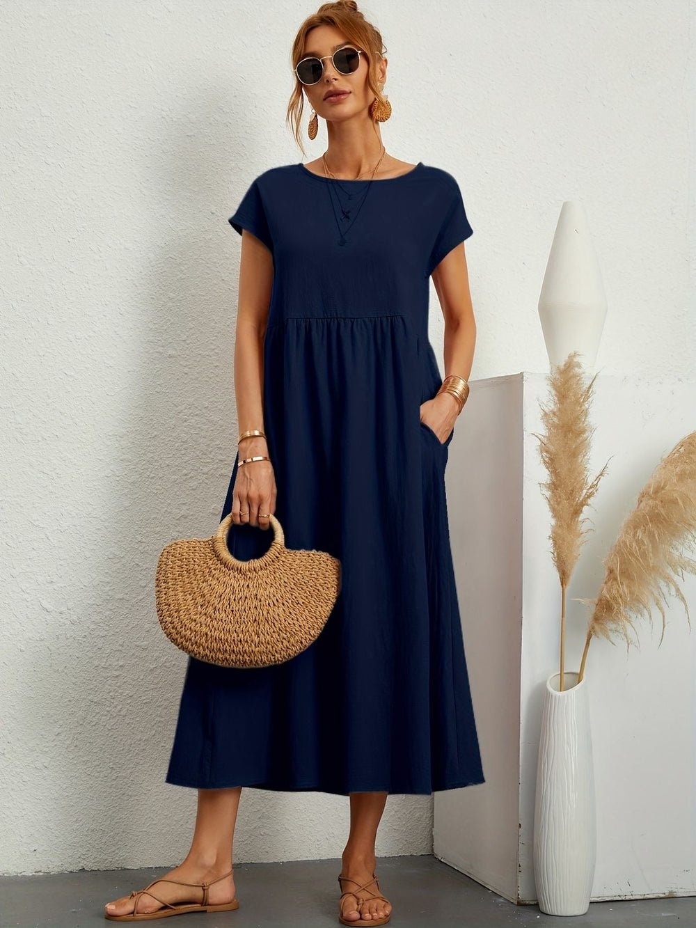 Zara - Luchtige Linnen Midi Jurk Korte Mouw Dames