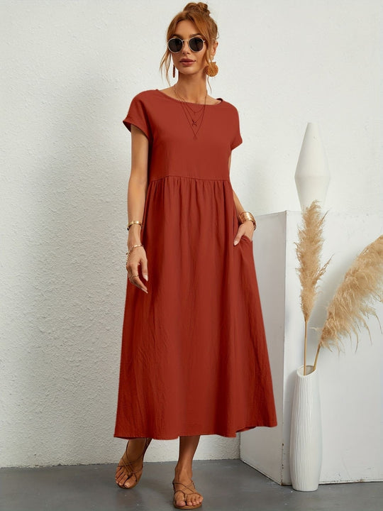 Zara - Luchtige Linnen Midi Jurk Korte Mouw Dames