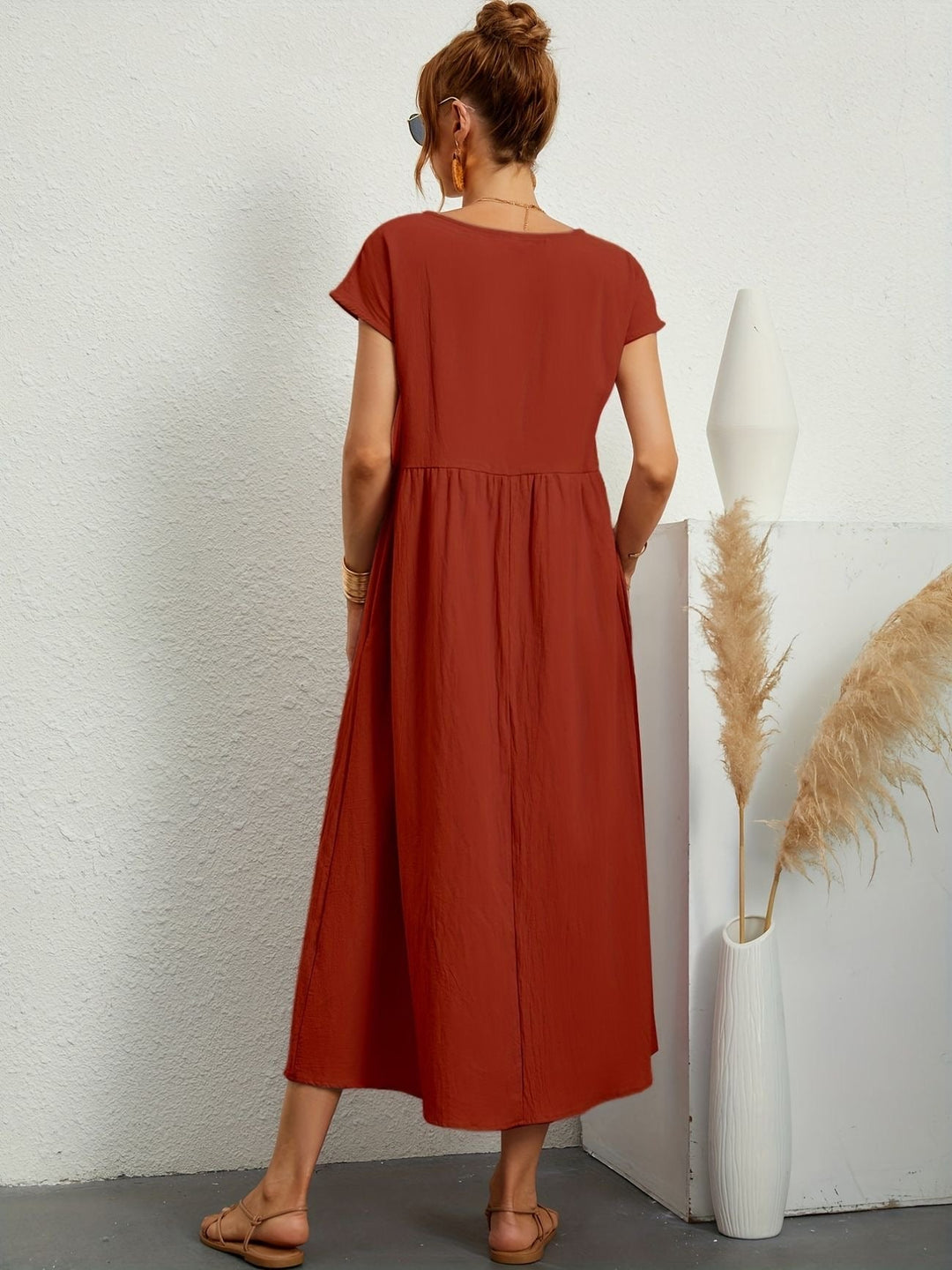 Zara - Luchtige Linnen Midi Jurk Korte Mouw Dames