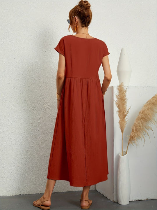 Zara - Luchtige Linnen Midi Jurk Korte Mouw Dames