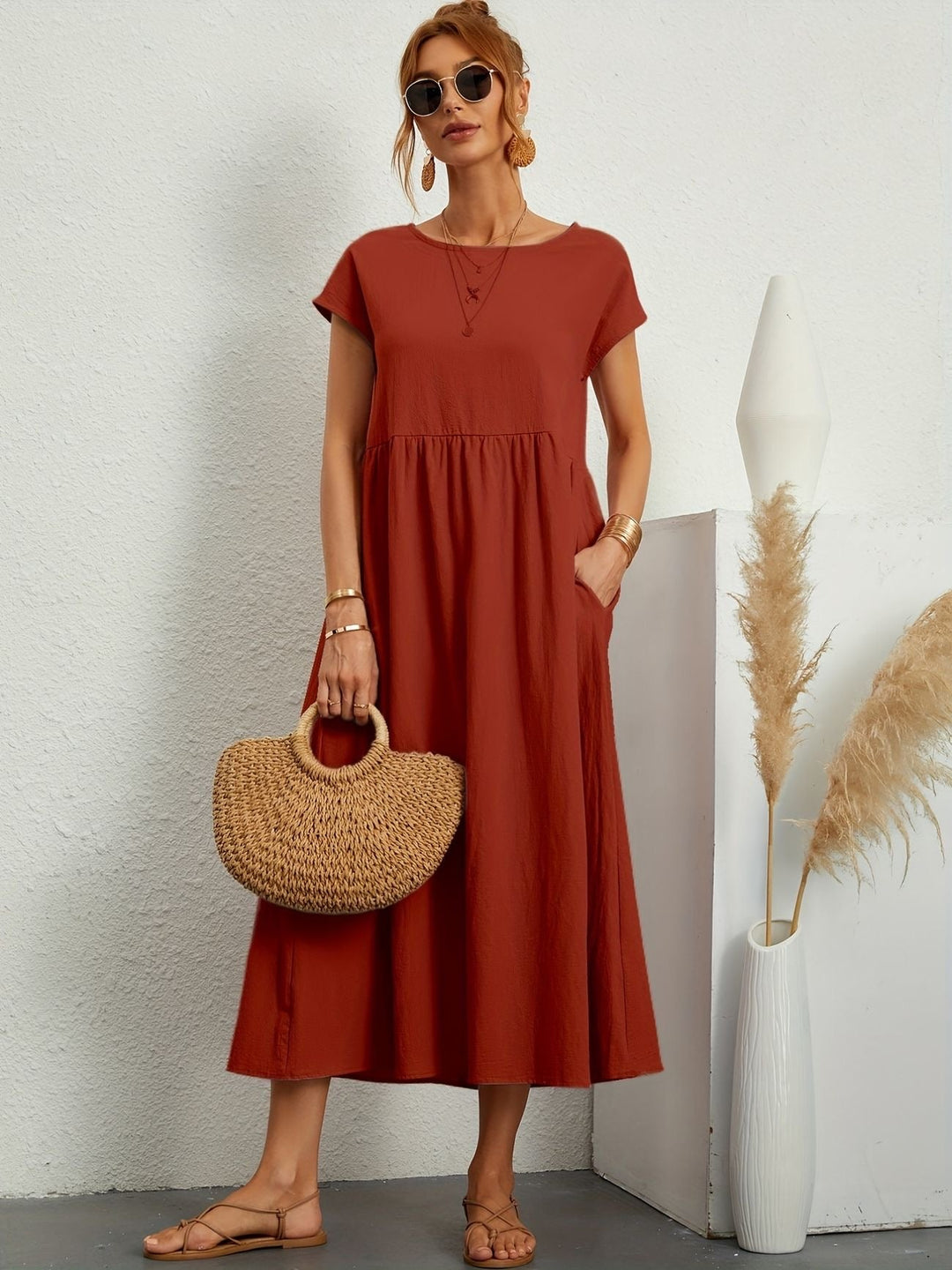 Zara - Luchtige Linnen Midi Jurk Korte Mouw Dames