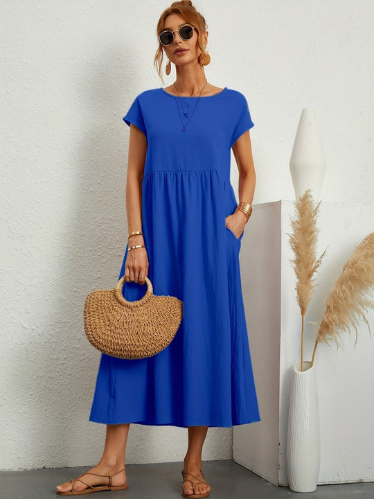 Zara - Luchtige Linnen Midi Jurk Korte Mouw Dames