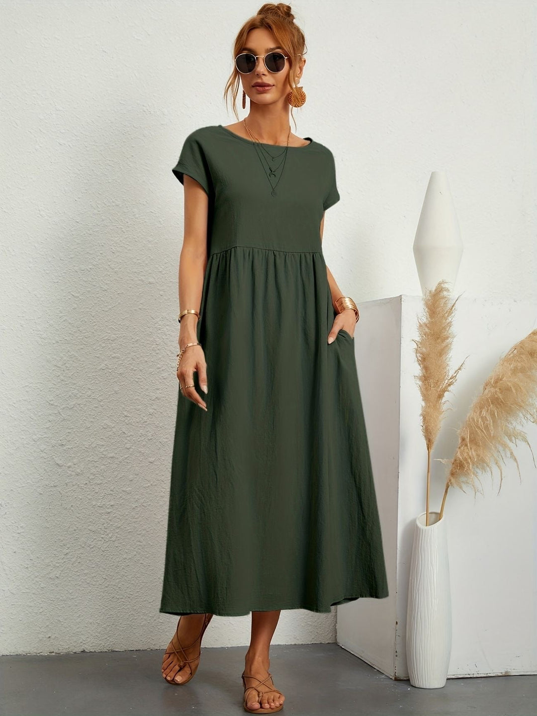 Zara - Luchtige Linnen Midi Jurk Korte Mouw Dames