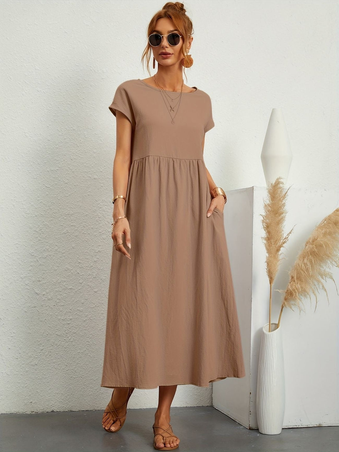 Zara - Luchtige Linnen Midi Jurk Korte Mouw Dames