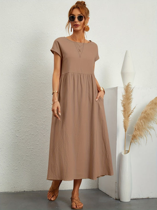 Zara - Luchtige Linnen Midi Jurk Korte Mouw Dames