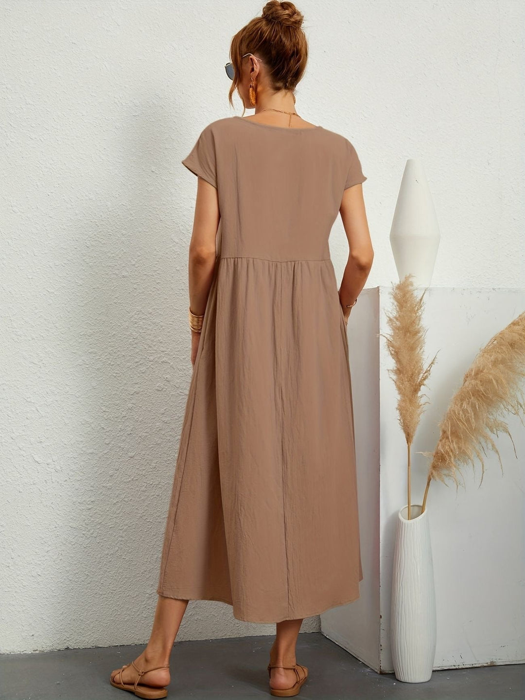 Zara - Luchtige Linnen Midi Jurk Korte Mouw Dames