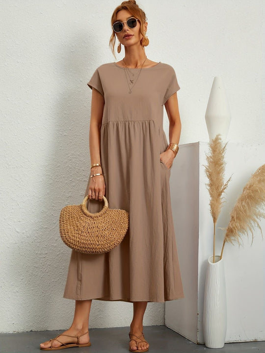 Zara - Luchtige Linnen Midi Jurk Korte Mouw Dames
