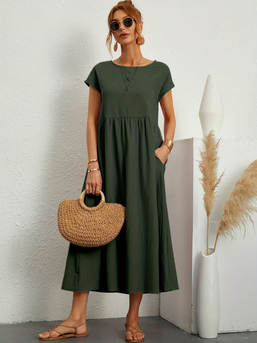 Zara - Luchtige Linnen Midi Jurk Korte Mouw Dames