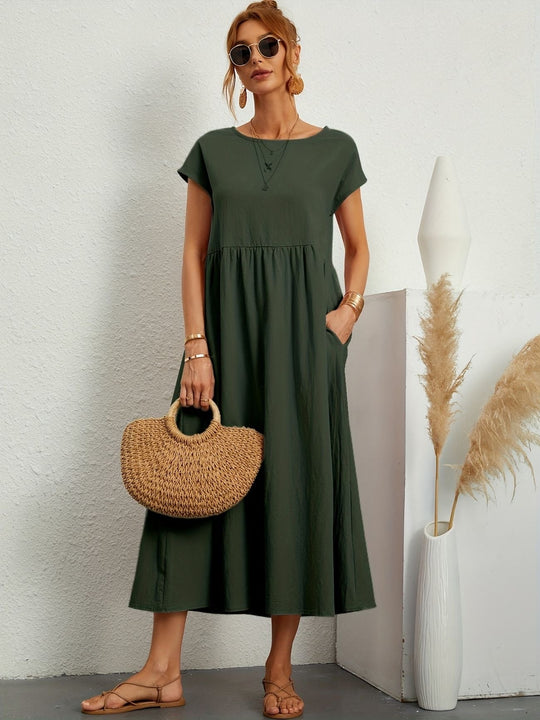 Zara - Luchtige Linnen Midi Jurk Korte Mouw Dames
