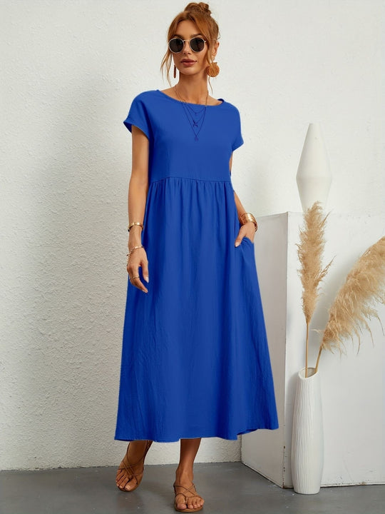 Zara - Luchtige Linnen Midi Jurk Korte Mouw Dames