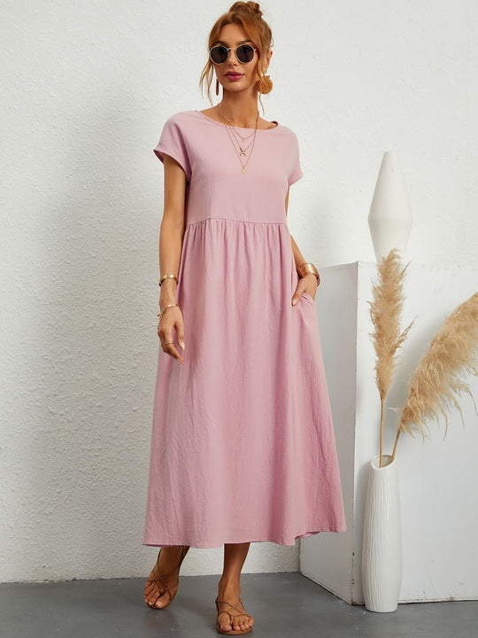Zara - Luchtige Linnen Midi Jurk Korte Mouw Dames