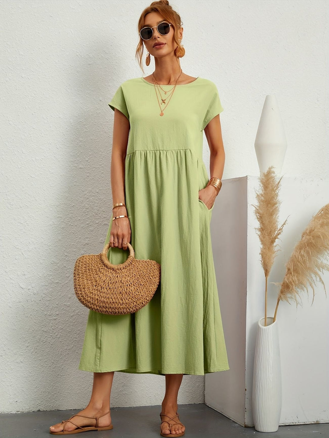 Zara - Luchtige Linnen Midi Jurk Korte Mouw Dames